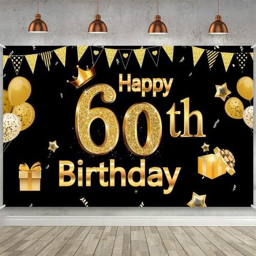 Happy 60th Birthday Backdrop Black and Gold Balloons Photography Background 60th Birthday Decorations Black Gold Banner