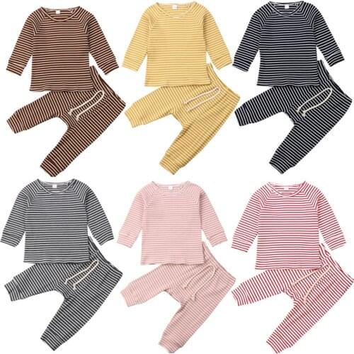 0-24M Autumn Casual Newborn Kid Baby Boy Girl Long Sleeve Top T-shirt Clothes Striped Pants Outfit Set