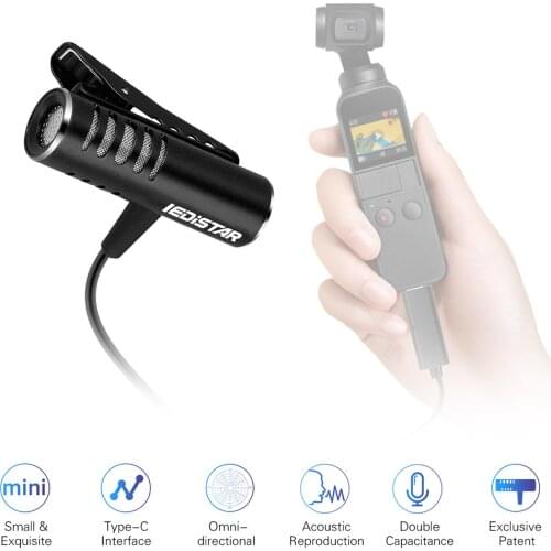 Mini Microphone Dual Condenser Mic 3M Cable with Type-C Interface Replacement for DJI OSMO Pocket/OSMO Pocket 2 Action Camera