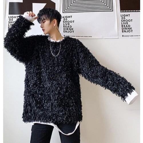 Fashion shirt men Hairy sweater shirt teenage korean shirt mens round collar Long sleeve loose black personality stage B458