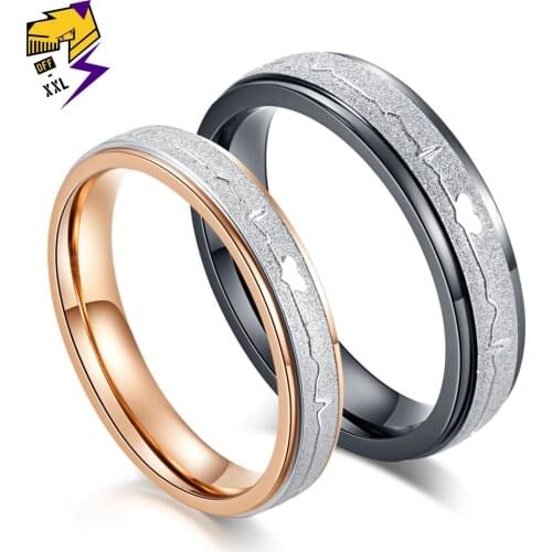 Fashion Lovers' Titanium Steel Wedding Rings Rose Gold Color Black Heart Electrocardiogram Wave Love Ring Anniversary Jewelry