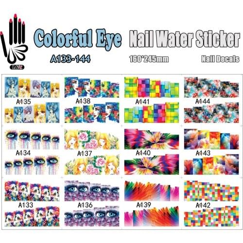 12 Sheets/Lot Nail Beauty A133-144 Colorful Eye Full Cover Nail Art Water Sticker Decal For Nail Water Tip (12 DESIGNS IN 1)