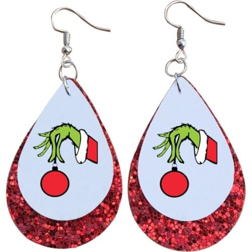 North Korea Christmas Grinch Bundle Earrings Faux Leather Two Layers Glitter Thanks Giving Gift Double Print Wholesale