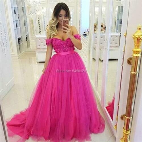 Charming Fuchsia Prom Dresses Long 2021 Off the Shoulder Tulle A Line Prom Gowns Lace Up Masquerade Formal Dress Evening Party