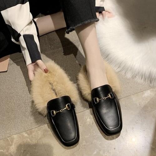 Autumn Winter Warm Fur Slippers 2021 New Fashion Baotou Muller Shoes Fur Casual Fashion Baotou Half Slippers Single Shoes Women