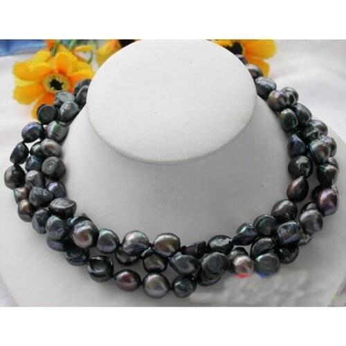 Natural Pearl Necklace,3Rows 10-13mm Black Baroque Freshwater Pearl Jewellery,Magnet Clasp,Perfect Women Chirstmas Gift Jewelry