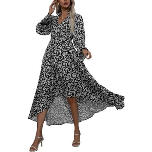 Women Floral A-line Dress, Adults Autumn Casual Style Flare Sleeve V-neck