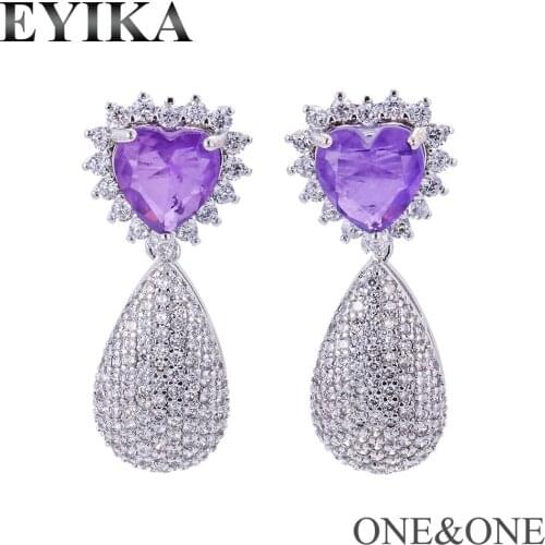 EYIKA Luxury Fusion Crystal Pear Stud Earring heart purple crystal and white Micro Zircon korean earings fashion Jewelry 2020