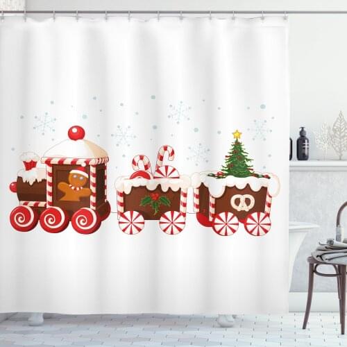 Christmas Shower Curtain Set Gingerbread Cookie Train Cartoon Curtain for Bathroom Decor 12 Hooks Decorative Bath Accessory