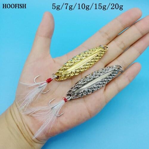 HOOFISH 5PCS/lot Diamond Leech Spinners Spoon lure 5g/7g/10g/15g/20g Luminous bait Long Cast Metal Lure with Feather Treble Hook