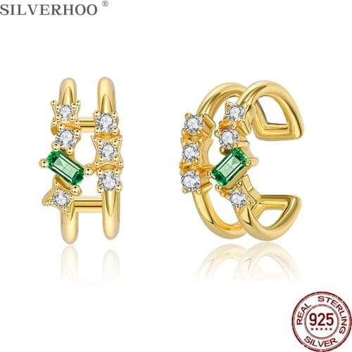 SILVERHOO S925 Sterling Silver Clip Earrings Popular 5A Cubic Zirconia Rhombus Flower Earcuff Jewelry Unisex Cute Earrings Gift