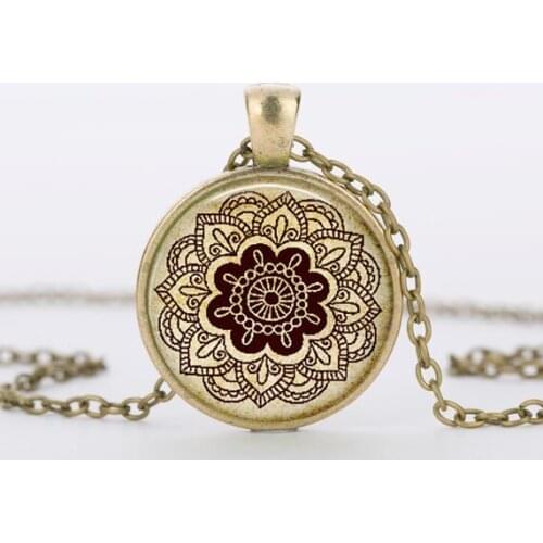 SUTEYI Vintage Mandala Flower Necklace Charms Glass Cabochon Yoga Pendant Henna Tattoo Necklaces Men Women Gift DIY Jewelry
