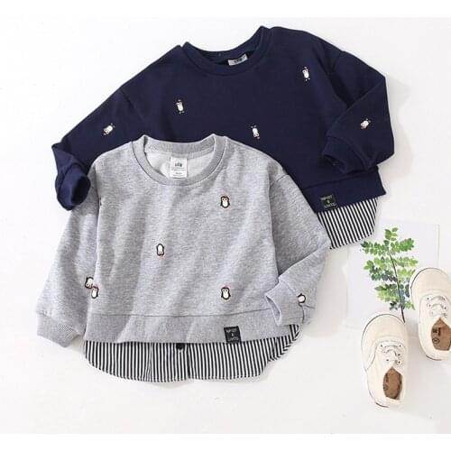 2020 Spring Autumn 2-10 Years Old Children Long Sleeve Cartoon Animal Print Patchwork Fake 2 Pcs Kids Basic Sweatshirt Baby Boy