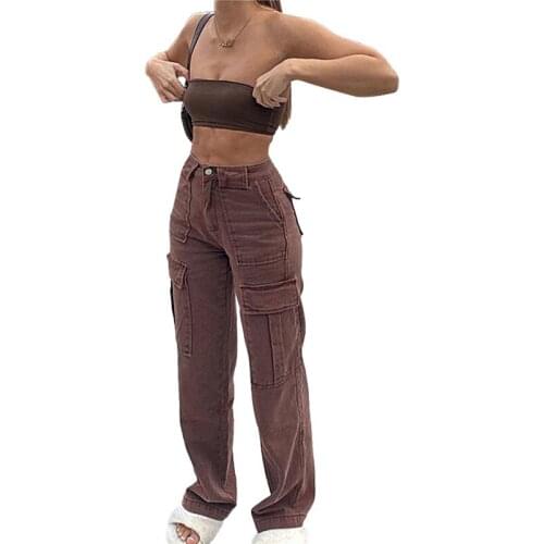 Xingqing Women Korean Jeans Sexy Solid Color Pocket High-waist Denim Pants Autumn Winter Jeans Brown Ladies Trousers Streetwear