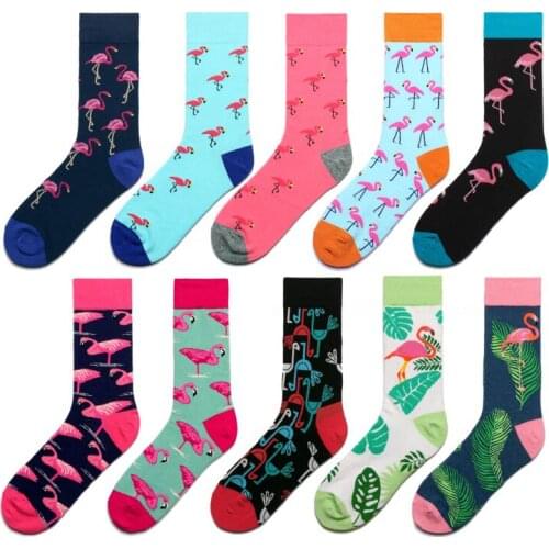 Women Socks Pink Green Cartoon Animals Flamingos Printed Harajuku Cute Funny Colorful Happy Female Casual Hip Hop Skate Hosiery
