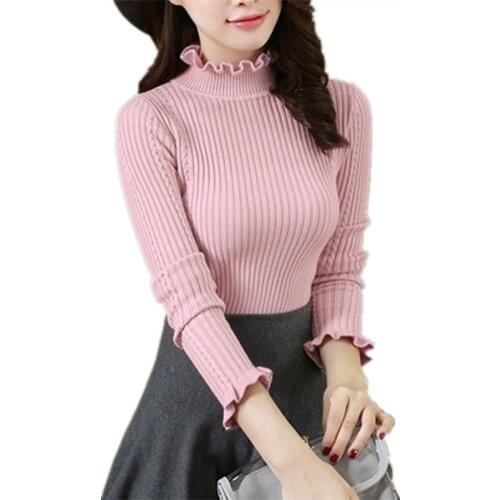 Autumn Winter Women Sweater Pullover Ruffle Half Turtleneck Long Sleeve Slim Short High Elasticity Knit Sweater Girl Tops AA888