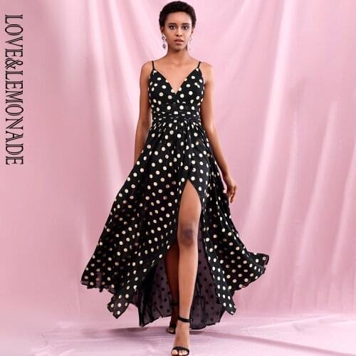 LOVE & LEMONADE Sexy Black Deep V-Neck High Waist Whit Split Golden Dot Chiffon Summer Maxi Dress LM82369