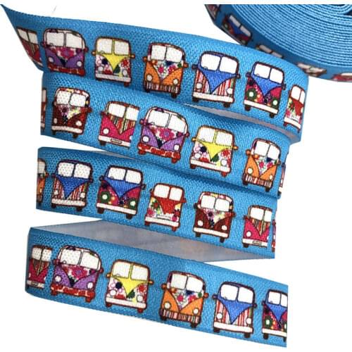 16mm Colorful bus Car Print Fold Over Elastic Blue FOE Ribbon Diy Sewing Bows Party Decoration Gift Wrap 10 yards