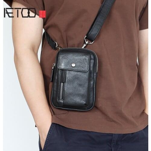 AETOO Mens leather mobile phone bag, suede leather casual shoulder bag, simple and compact messenger bag