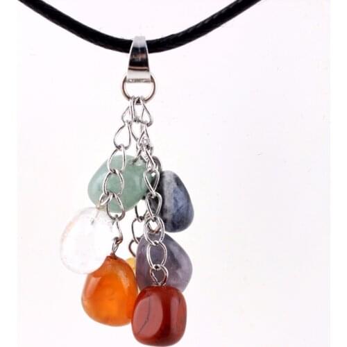 Assorted Colorful Point Cross Pendant natural Stone Necklaces Pendulum Leather Chain Healing Crystal Chakra Reiki Free Pouch