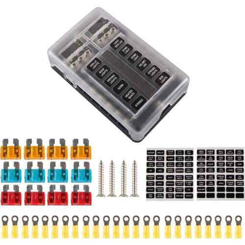 12 Way Blade Fuse Block Box Holder Kit with Negative Bus + 5A 10A 15A Fuses for Car Marine Boat RV Truck 32V Accessories Parts