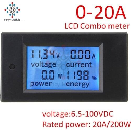 DC 6.5~100V 0~20A 4 in 1 Digital Voltage Current Power Energy Meter Large LCD Screen DC Voltmeter Ammeter