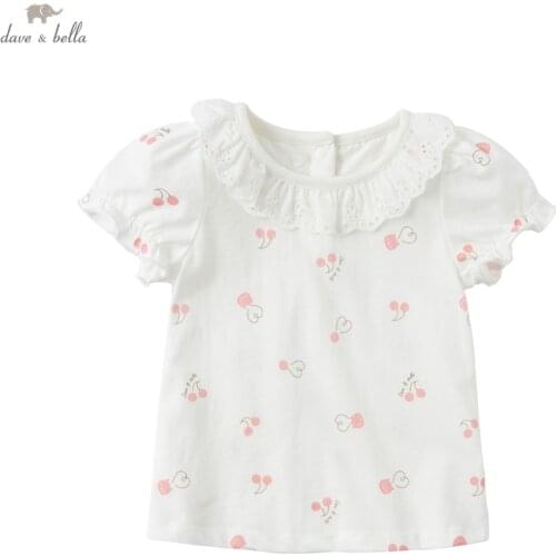 DBJ17840-1 dave bella summer baby girls cute bow cartoon print T-shirt children tops girl kids fashion tees
