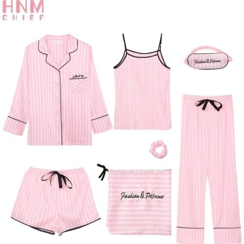 HNM Pink Stripe Print Pajamas Set Silk Satin Homewear Womens 7 Pieces Sleepwear Sets Pyjama Women Spring Summer Autumn