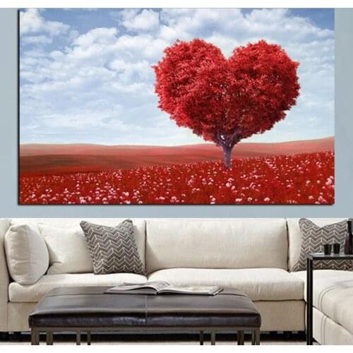 Canvas Landscape Painting Love Heart Tree in Sea of Flowers Canvas Poster Print for living room bedroom home decoration