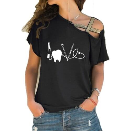 Love Dentist Dental Print Casual Tshirt Women Funny T Shirt for Lady Streetwear Irregular Skew Cross Bandage tee tops