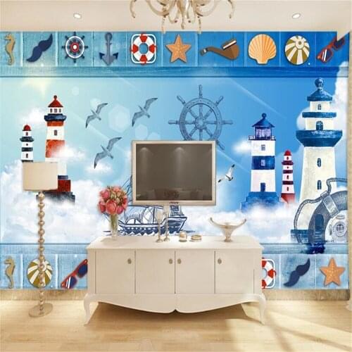 Milofi wall custom 3D wallpaper mural Mediterranean lighthouse pirate ship home decoration background wall