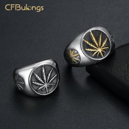 CFBulongs Cool Gold Color Maple Leaf Mens Stainless Steel Ring Retro Punk Style Biker Fashion Men Jewelry Party Gift