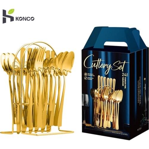 KONCO 24Pcs Stainless Steel Cutlery Set With Stand Gold Dinnerware Set Tableware Set Knife Fork Coffee Spoon Flatware Set