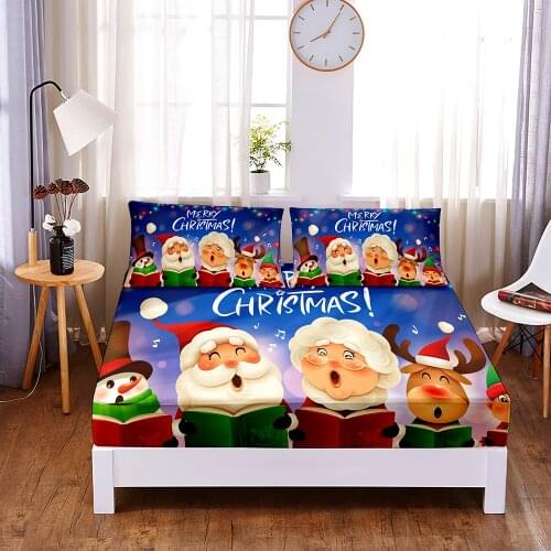 Christmas Couple Digital Printed 3pc Polyester Fitted Sheet Mattress Cover Four Corners with Elastic Band Bed Sheet Pillowcases