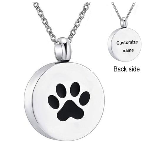 Stainless Steel Pet Paw Cremation Ash Urn Necklace Round Pendant For Pet Memorial Jewelry Dropship