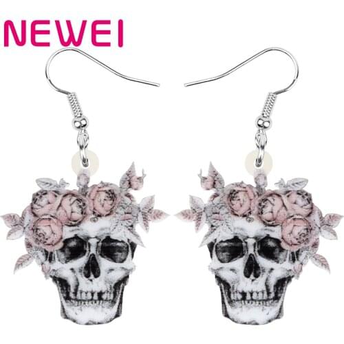 Newei Acrylic Halloween Gray Skeleton Skull Earrings Big Flower Dangle Drop Jewelry For Women Girls Kid Classic Gift Decoration