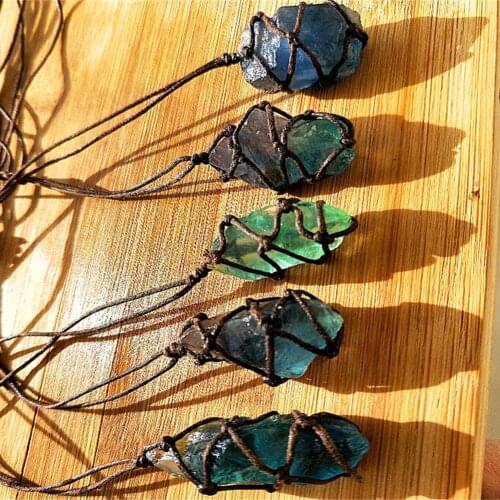 Latest Natural Crystal Stone Pendant Blue-green Fluorite Treatment Stone Ornament With Hand-woven Braided Rope In Random Color