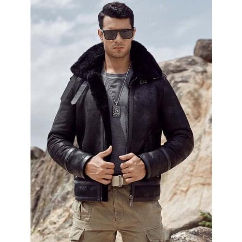 New Mens B3 Shearling Jackt Black Leather Jacket Mens Winter Coats Natural Sheepskin Coat Motorcycle Fur Coat