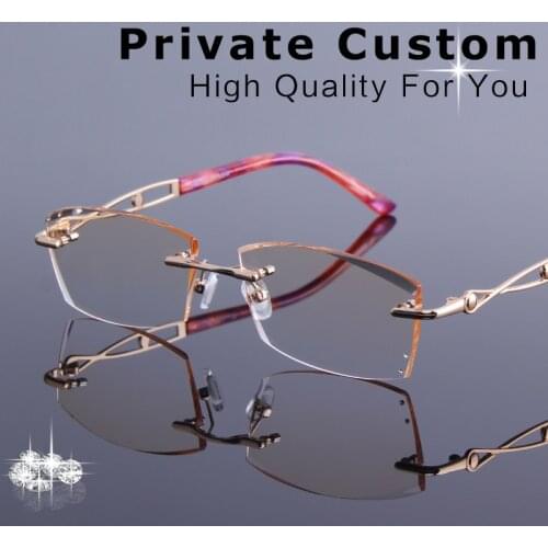 Luxury Tinted Lenses Myopia/Hyperopia Glasses Female Rhinestone Rimless Prescription Glasses Frame Women See Distance Eyeglasses