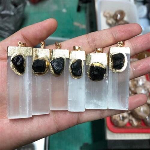 Wholesale reiki healing dowsing gypsum selenite sticks crystal with black tourmaline pendant chakra pendulum