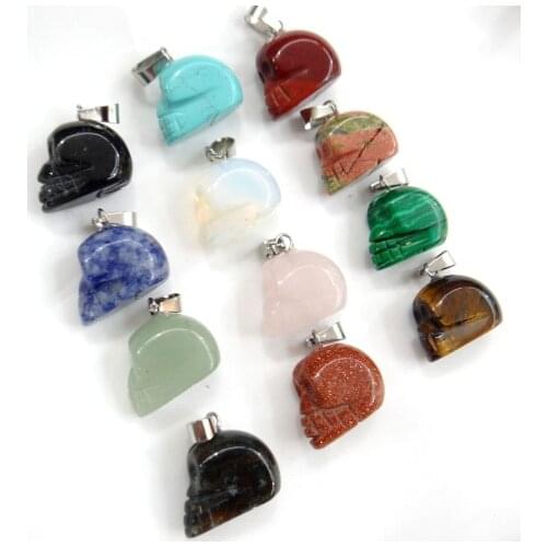 Natural stone Quartz crystal Turquoises aventurine tiger eye Skull pendant for diy jewelry making necklace Accessories12pcs