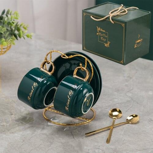 24K Luxury European Ceramic Coffee Cup Saucer Sets with Cup Rack Spoons French Retro Ceramic Afternoon Tea Cups Couples Gift Set