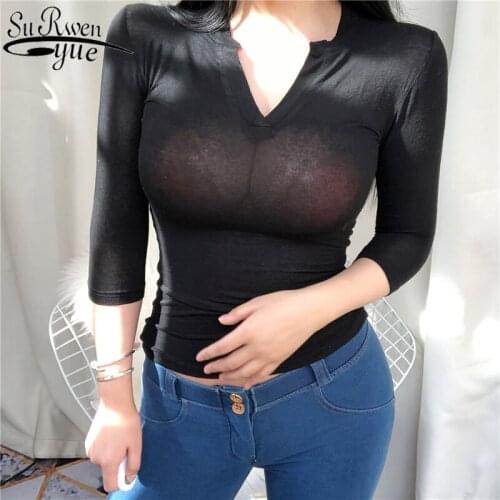 Summer New Sexy V-neck Semi-Open-Necked shirts Women Cotton Solid shirts Micro Penetration Slim Shirt Top Women 9273 50