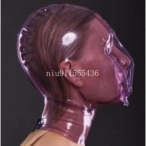 Sexy Latex Women Full Head Latex Rubber Mask Transparent Purple Hoods Fetish Cosplay Mask Back Zipper Club Wear