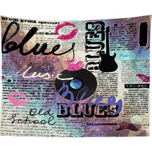 Old Newspaper Tapestry Retro Blues Music Genre Old Record Electric Guitars Kiss Inscriptions Grunge