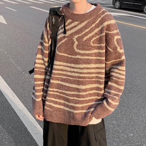 Autumn Winter Striped Sweater Mens Warm Fashion Casual Retro Knitted Pullover Men Wild Loose Korean O-neck Sweater Mens Clothes