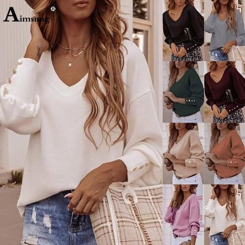 2020 Spring Autumn Womens Top Elegant Leisure Casual Shirts Plus Size Ladies Tunic Solid Color V-neck Tee Shirt Femme Clothing