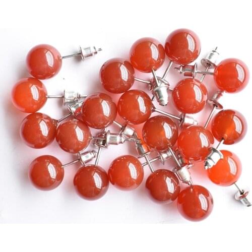 Natural red onyx Stud Earrings Crystal Quartzs Round Ball Beads Silver Color Fashion Ear Jewlry for Women Girl 20pcs