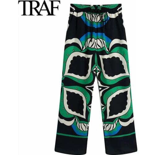 Traf 2021 Summer Women Clothing Vintage Trousers Gothic Printing Wide Leg Pants Chic High Waist Pants