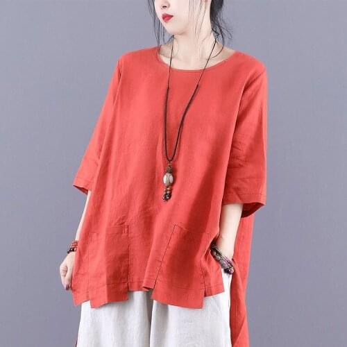Femme Tops Plus Size Summer Arts Style Women Half Sleeve Loose T-Shirt Big Pocket Cotton Linen Vintage Tee Shirt
